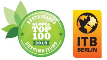 Afbeelding met 2 logo's. Links het award logo met tekst "Substainable Global top 100 2018 Destinations". Rechts het logo van de ITB Berlin.