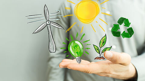 In beeld een hand met daarboven 5 symbolen van duurzaamheid: windmolen, groene energie, zonne-energie, recyclen, natuur 